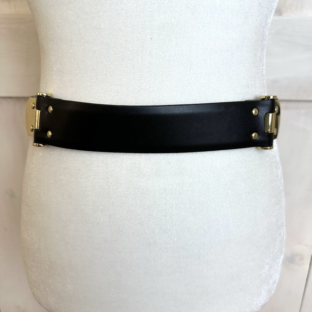 BCBG Black Faux Leather 3 Section Hinge  Belt‎ Gold Metal Size Medium NWT